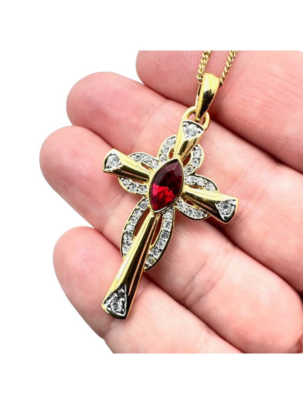 Camrose Kross Necklace Jackie Kennedy Gold Red Clear Rhinestone Cross Pendant